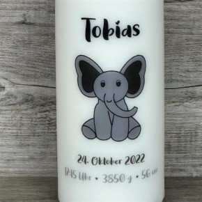 Kerze 15 x 6cm,  Geburt - Elefant, personalisiert